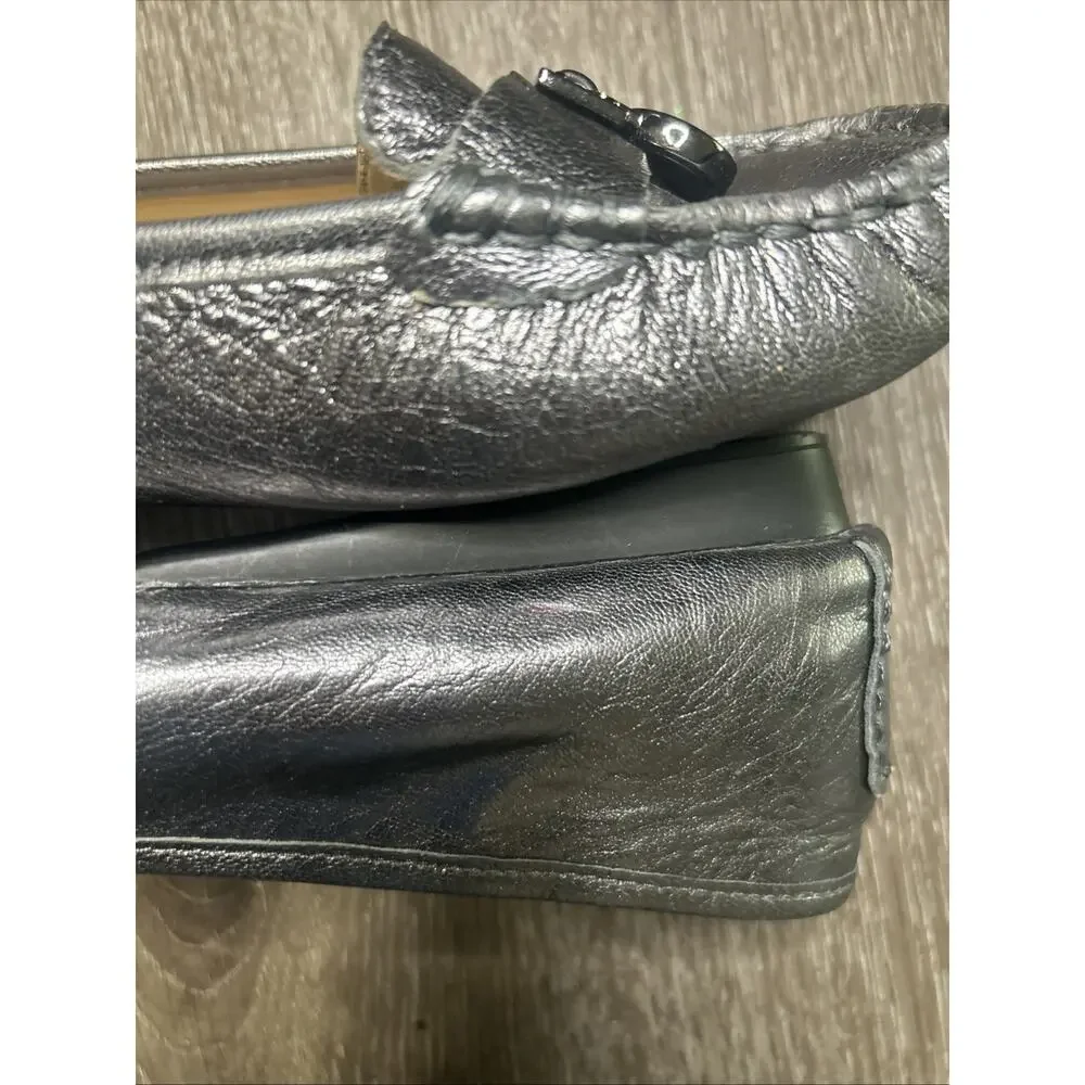 Michael Kors Silver Leather Loafer Flats Logo Accent Square Toe for Women Sz 7.5
